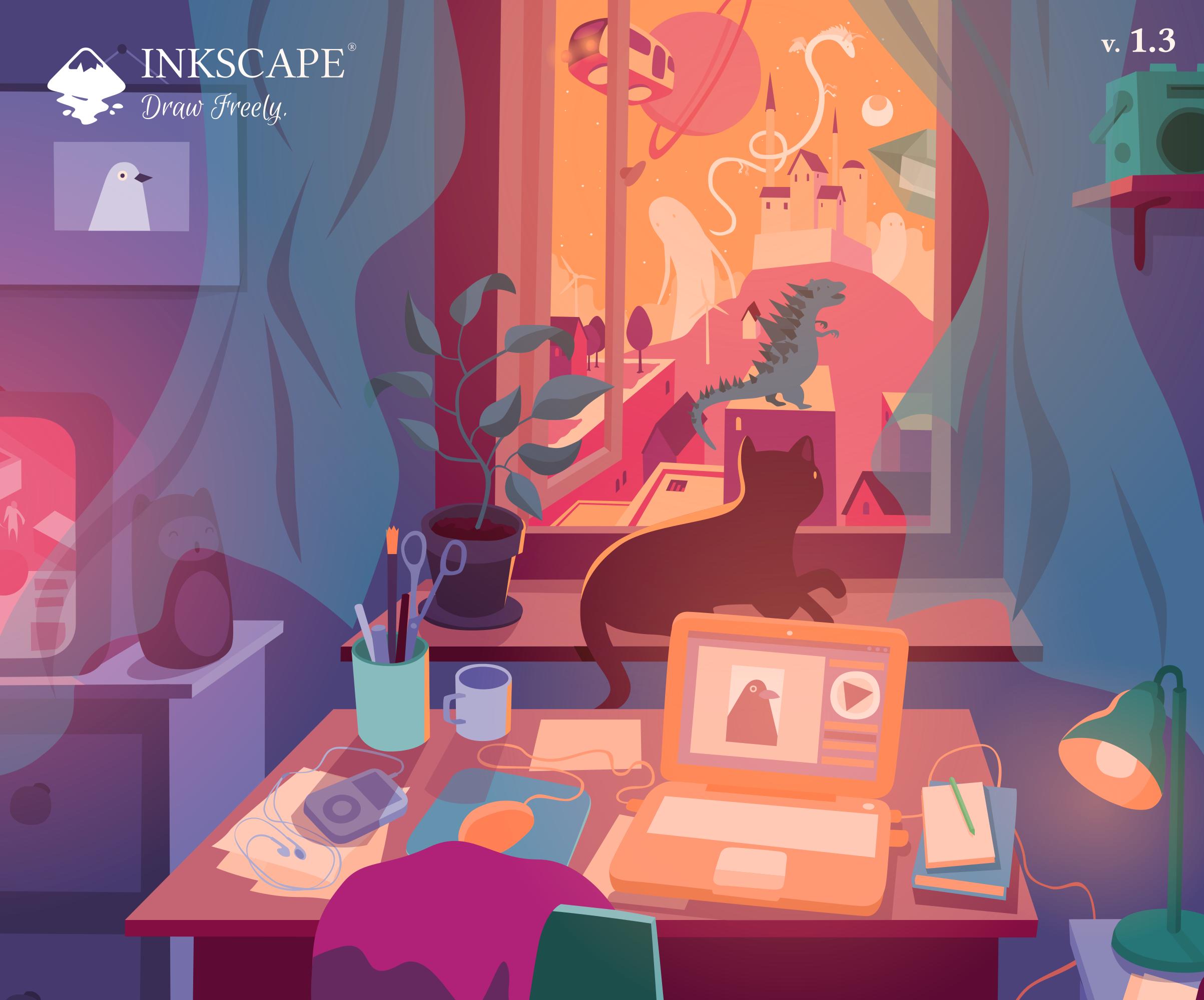 Vector drawing of a room in the evening. There's a desk placed in front of an open window with a laptop running Inkscape  on it. Outside the window (a black cat on the windowsill) is a fantastic landscape with Goldzilla, ghosts, a castle, a dragon, a flying bus, crystals etc.