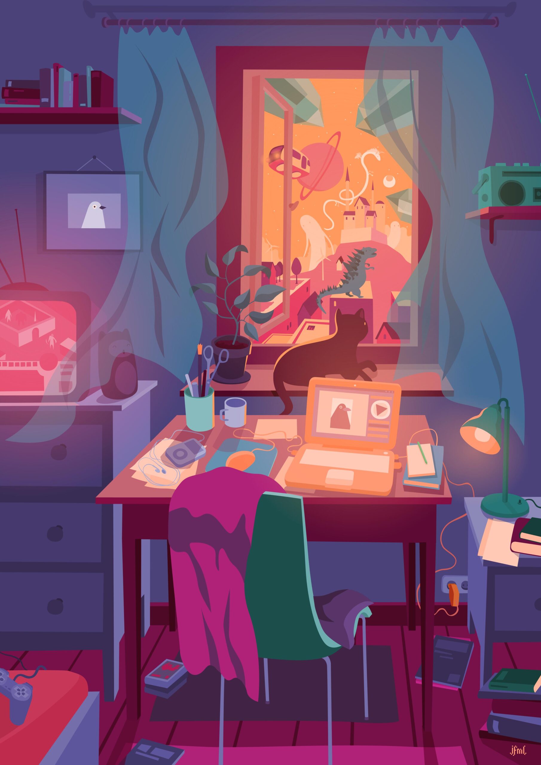 Full version of the same drawing showing more of the room, on the left there's an original Playstation running Diablo on an old TV. On the right an old-school cassette player/radio and a bedside cupboard. Lots of books, manga and magazines are strewn all over the room.