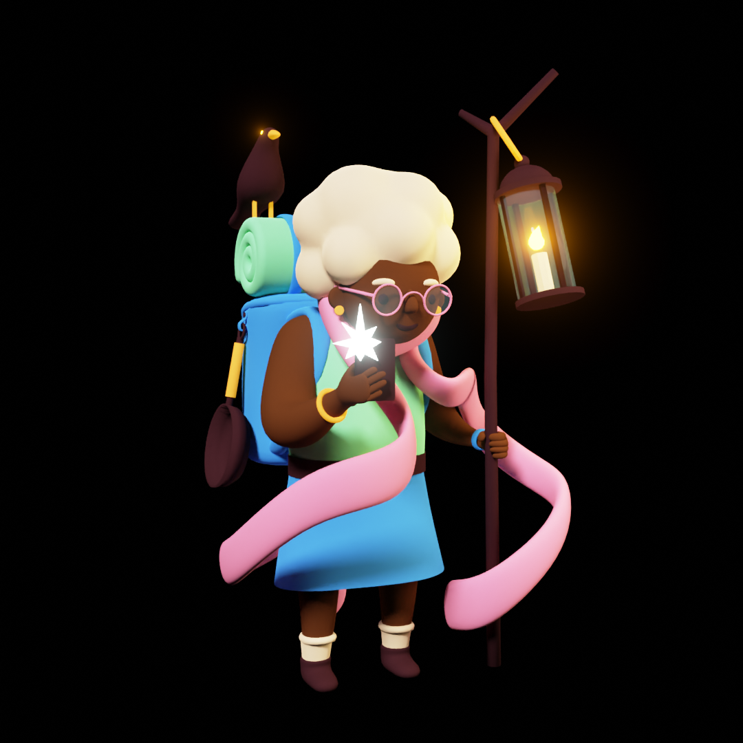 3D model of a cute old lady, who has a staff with a lamp in one hand a is taking a picture on her phone with the other). She has pink glasses and scarf and on her backpack sits a crow.