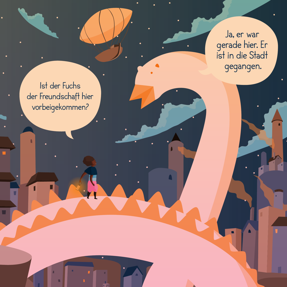 A page of my children's book „Fox of Friendship“ showing the typeface in use: The main character is standing on a giant, dragon like creature that is forming a bridge, she's asking the dragon if they have seen the fox of friendship, they say that he went into the city.