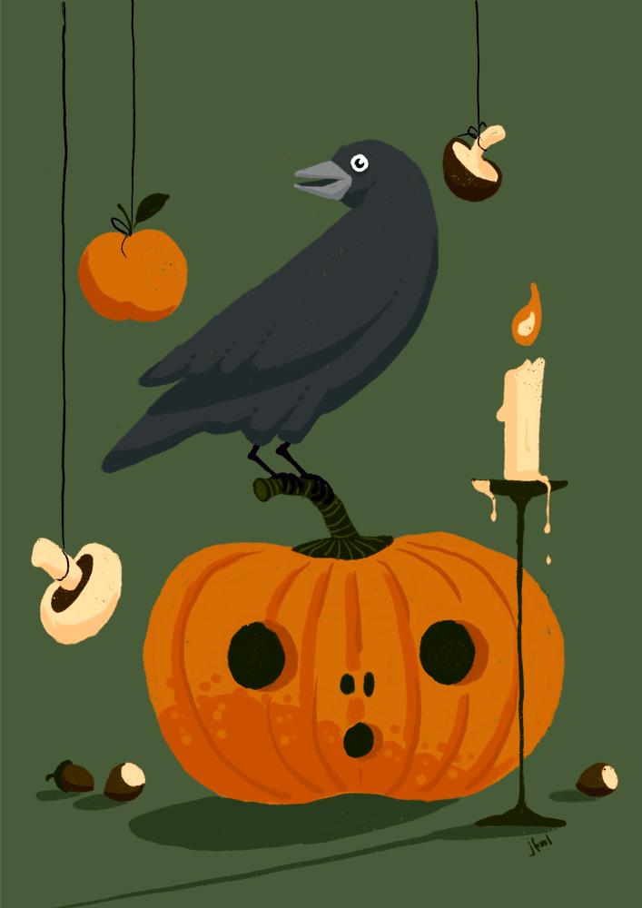 Illustration of a crow sitting on a carved pumpkin, in front of a dark green background. There's a lit candle next to the pumpkin and fruit and mushroom on strings, as well as nuts on the floor.