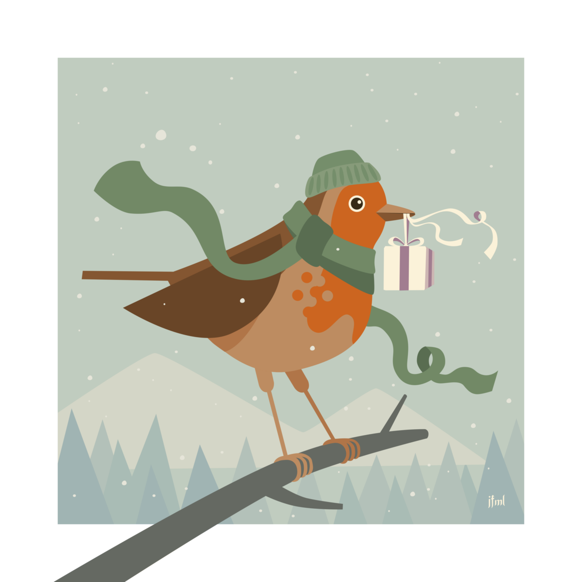 Vector illustration of a robin sitting on a branch in front of a snowy landscape. They're wearing a green woolly hat and scarf, holding a tiny present via the ribbon in their beak