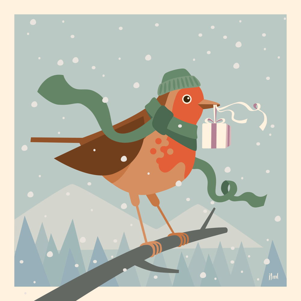Vector illustration of a robin sitting on a branch in front of a snowy landscape. They're wearing a green woolly hat and scarf, holding a tiny present via the ribbon in their beak
