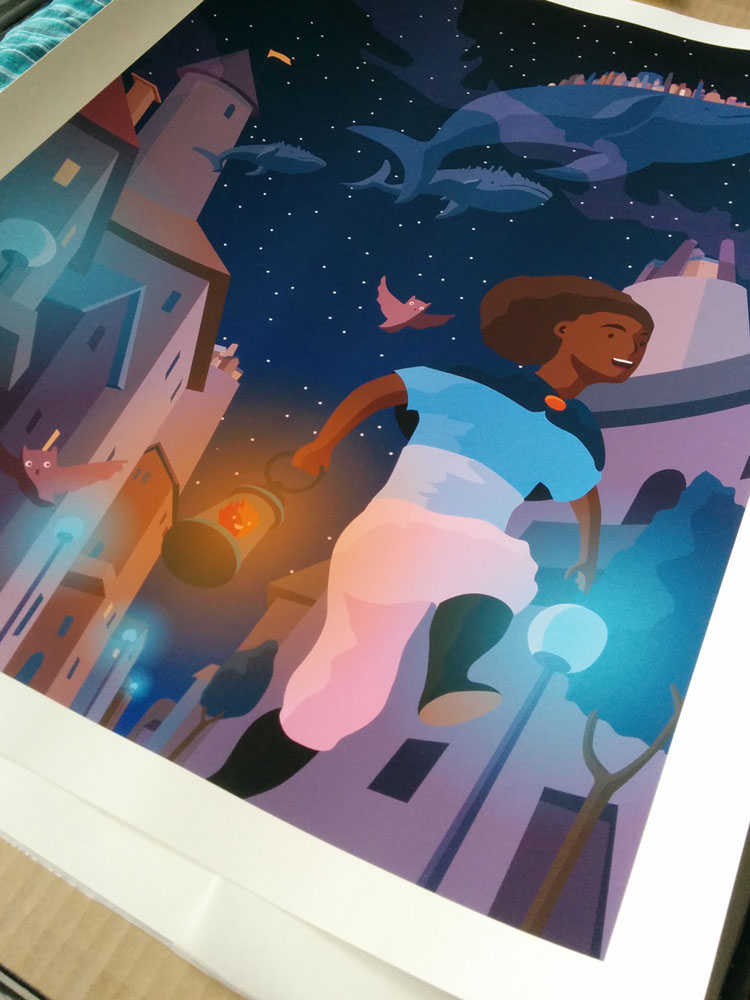 A black girl is running through a city at night with two owls and whales floating through the starry sky! There are buildings on their backs!