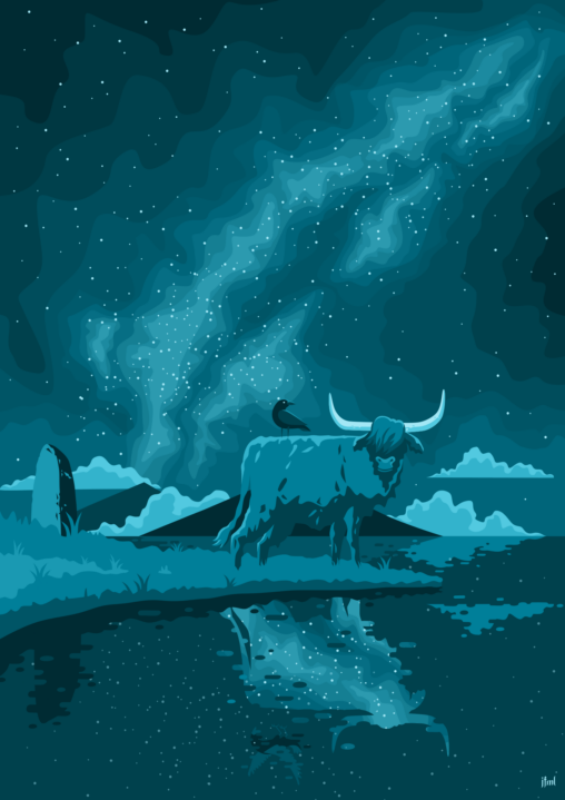 Vector drawing in dark green-blues of a nightscene with a highland cow on a small peninsular. The cow's reflection in the water reflects the milky way in the sky above. There's a crow sittig on the cow's back but in the reflection it is somehow in flight.
