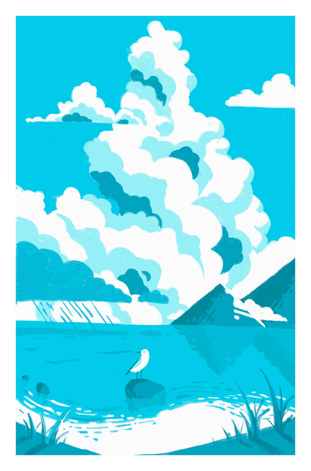 A seagull is sitting on a rock in the shallow waters of a beach. There's a towering anime cloud and mountains in the background. Illustrated in light blue tones.