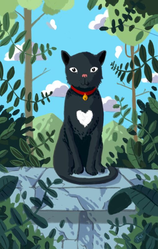 Illustration of a black cat with a red collar and a bell on it sitting on a garden wall, surrounded by plants and the blue sky, some trees and mountains in the background. The cat has a white heart-shaped spot on its breast, which makes it even cuter!