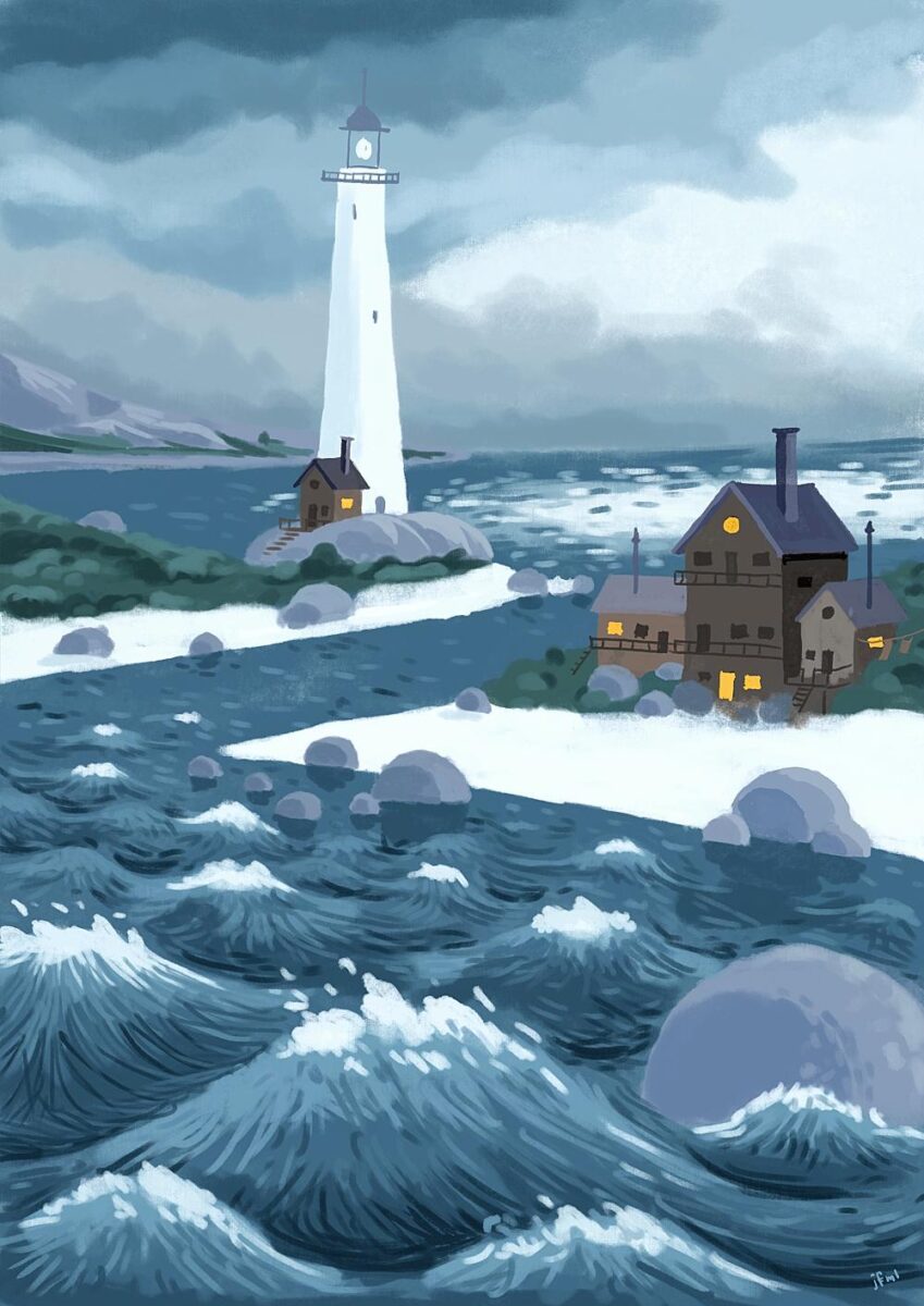 Digital drawing of a lighthouse and some houses on two headlands. The sea is rough and the sky is full of storm-clouds