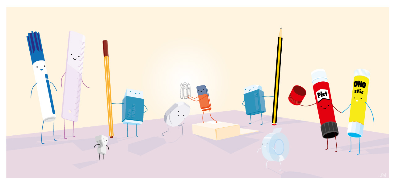 Vector illustration of various office utensils, pens and pencils crowning their most important friend, the humble eraser!