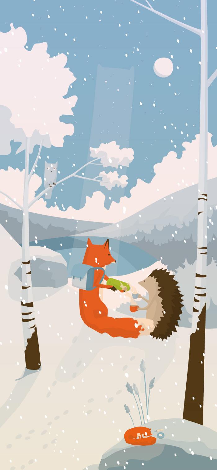 Fox and hedgehog have a picnic on a snowy peak! Warrior squirrel needs some sleep but it looks like mountain ghost is going to join!
