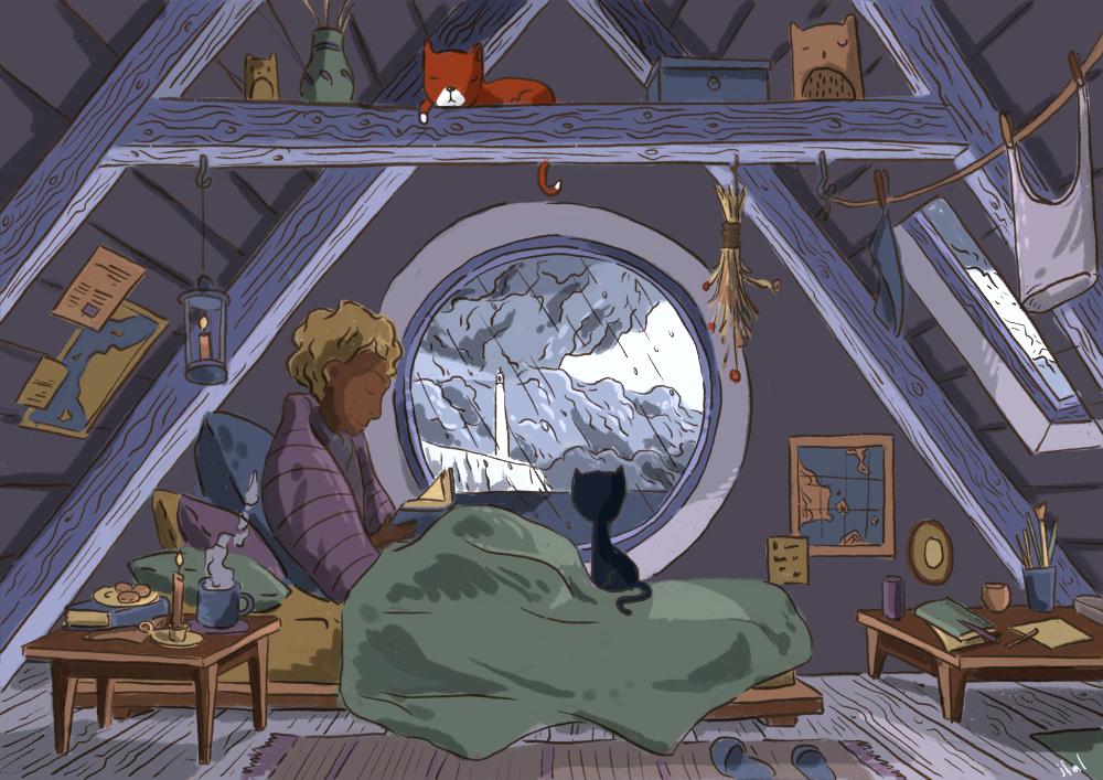 An illustration of an old brown woman reading a book on a futon-style bed, wrapped in blankedts. She's in an attic-room, there's a round window in the wall with a cat looking out into the rainy landscape with towering clouds and a lighthouse. Inside it's cozy, with tea and candles.