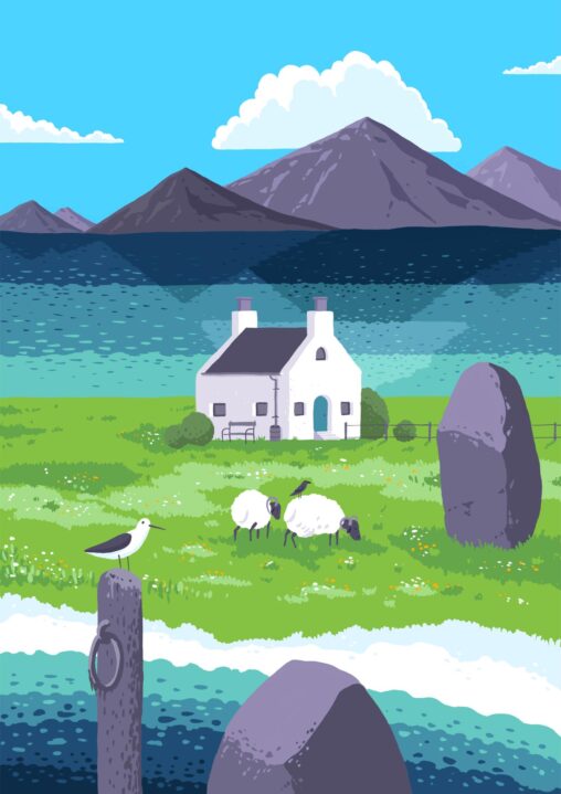 Illustration of a traditional Scottish cottage on a flowering meadow (Machair), surrounded by the sea. It's a beautiful day, there's sheep and birds and mountains in the background.