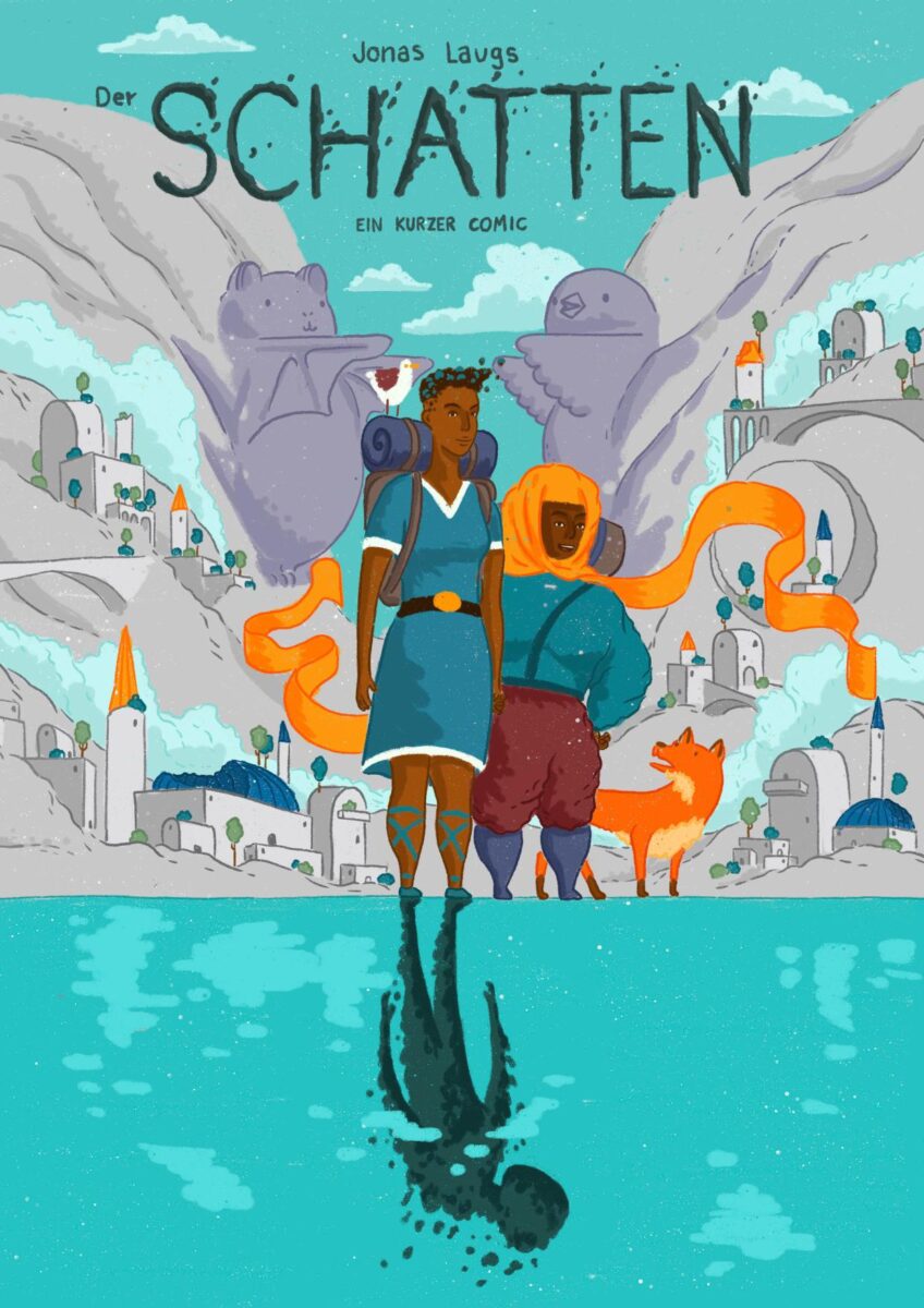 Cover of the German version with the two main characters in front of a city in a valley. They're standing on (the shore?) of a lake and there's a shadowy creature instead of an reflection of one of the main characters in the water.