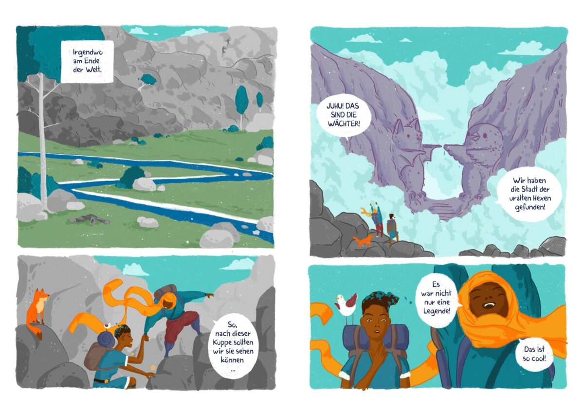 The first two comic pages, where the main characters climbing a cliff from which they finally see the entrance to the fabled City of Witches.