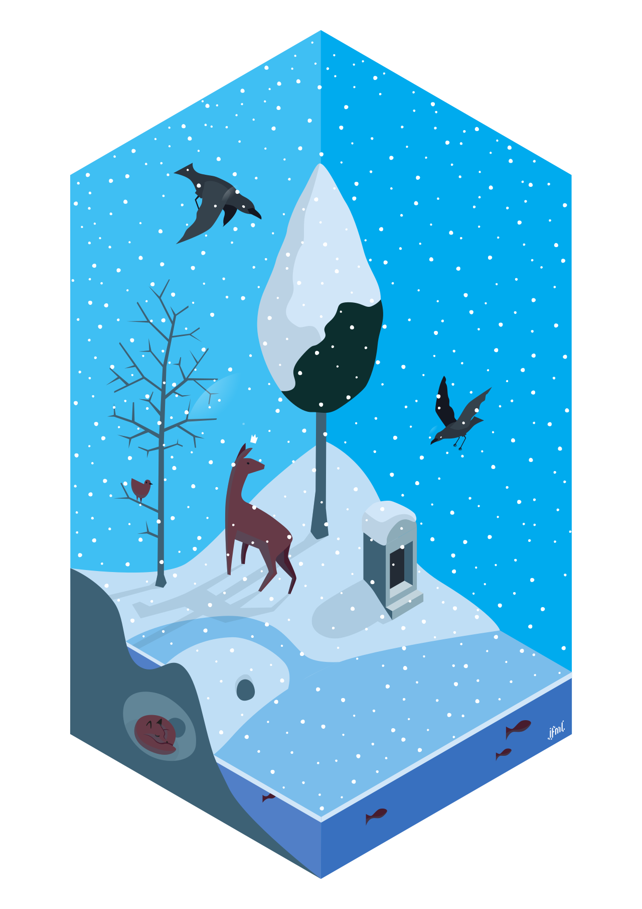 A vector illustration showing an isometric part of a wintery scene: a small stream that is running into a frozen lake with fishes unter the ice, a fox sleeping in it's burrow, a few trees, flying crows and a deer next to a small shrine.  