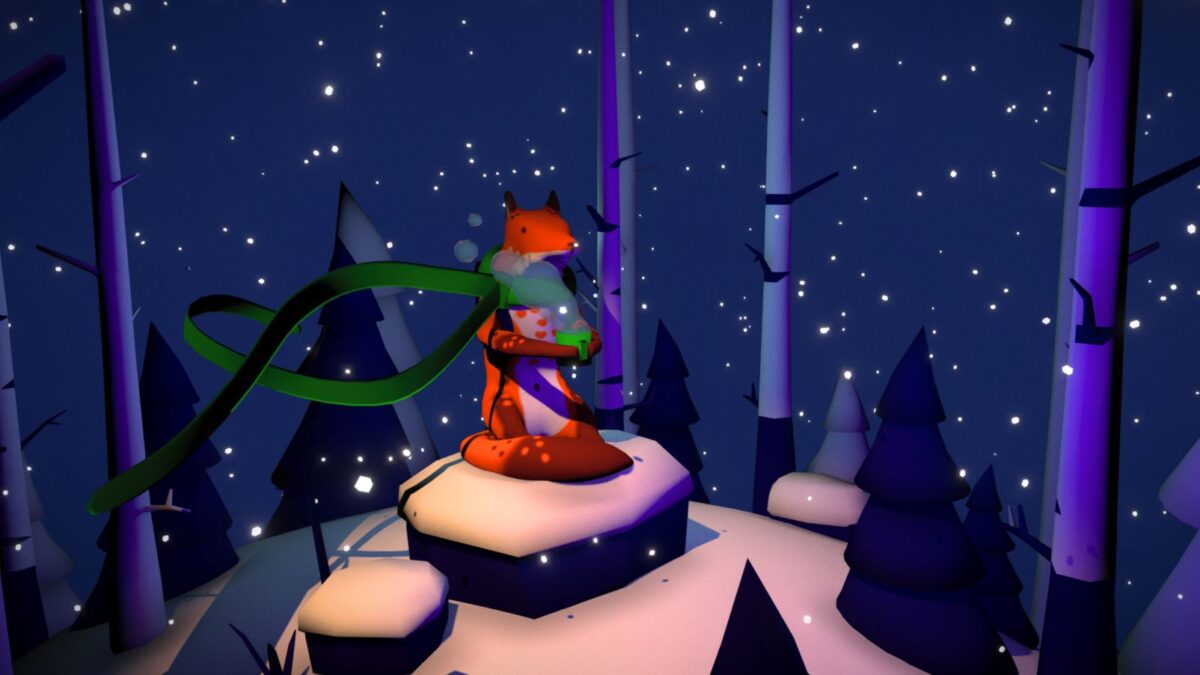 Screenshot of a Sketchfab model of a fox with a green scarf in a wintery woodland, holding a cup of tea.