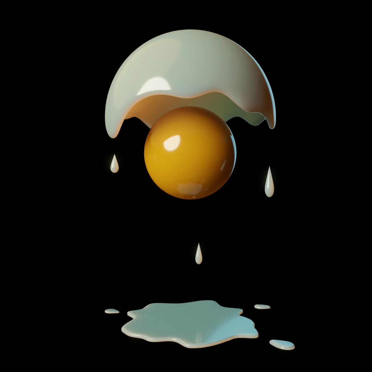 A surrealist egg on a black background. The egg yolk is a floating sphere with the egg white dripping down from an invisible sphere surrounding the yolk. Or something?