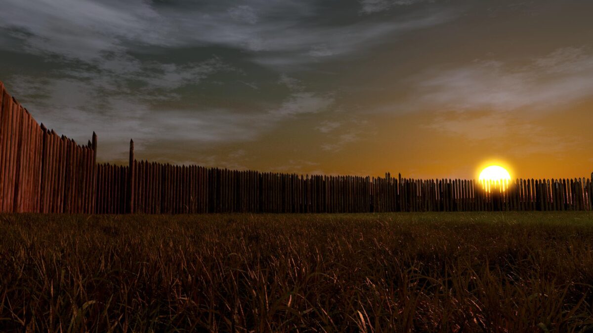 3D rendered scene of the sunrise seen in Goseck, a wooden sun observatory from the Neolithic 