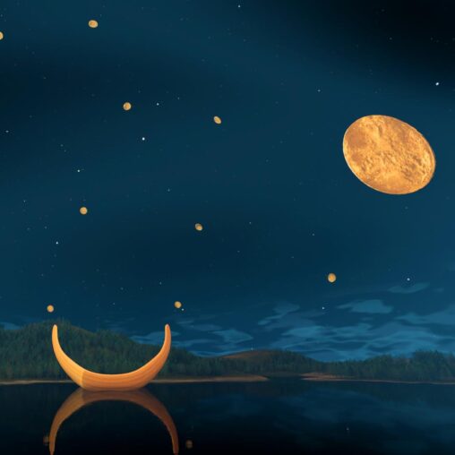 3d-scene with a golden boat in a nightly landscape seen from up high, there are islands with forests and a cut out moon and stars in the sky.