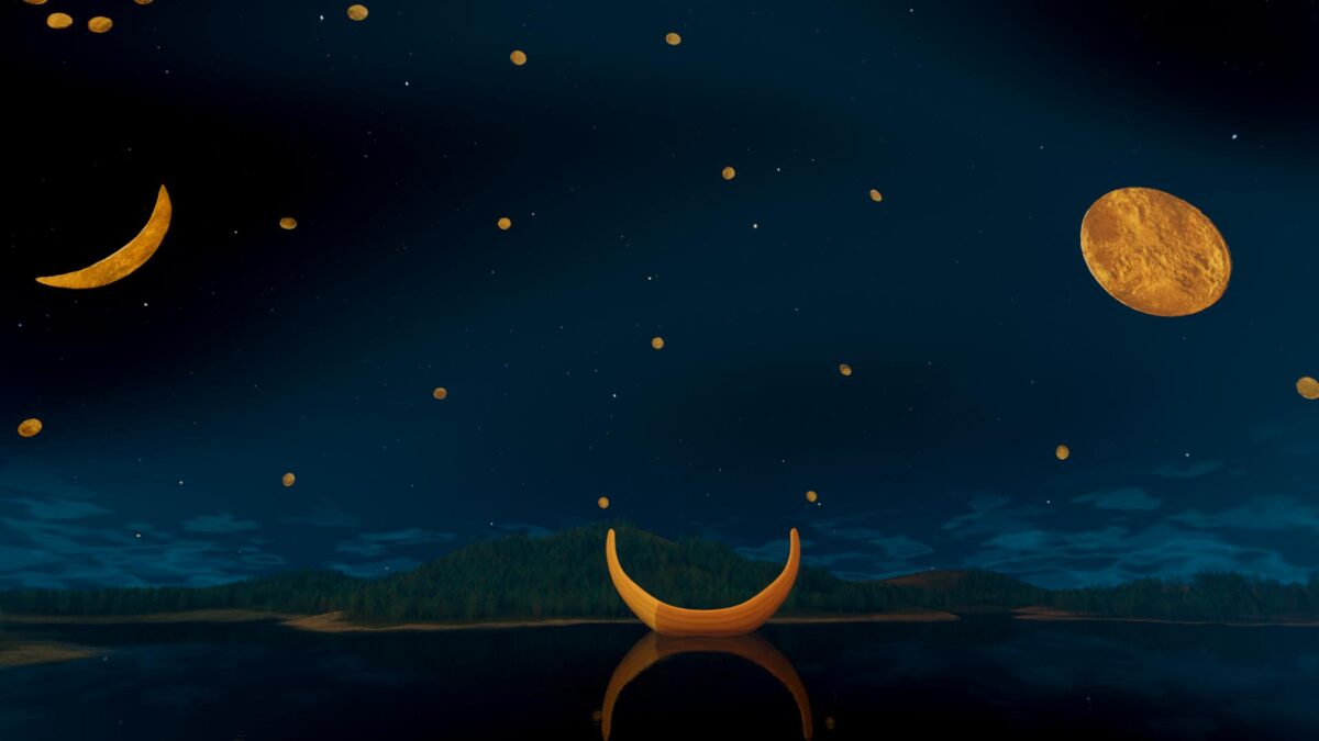 3d-scene with a golden boat in a nightly landscape seen from up high, there are islands with forests and a cut out moon and stars in the sky.